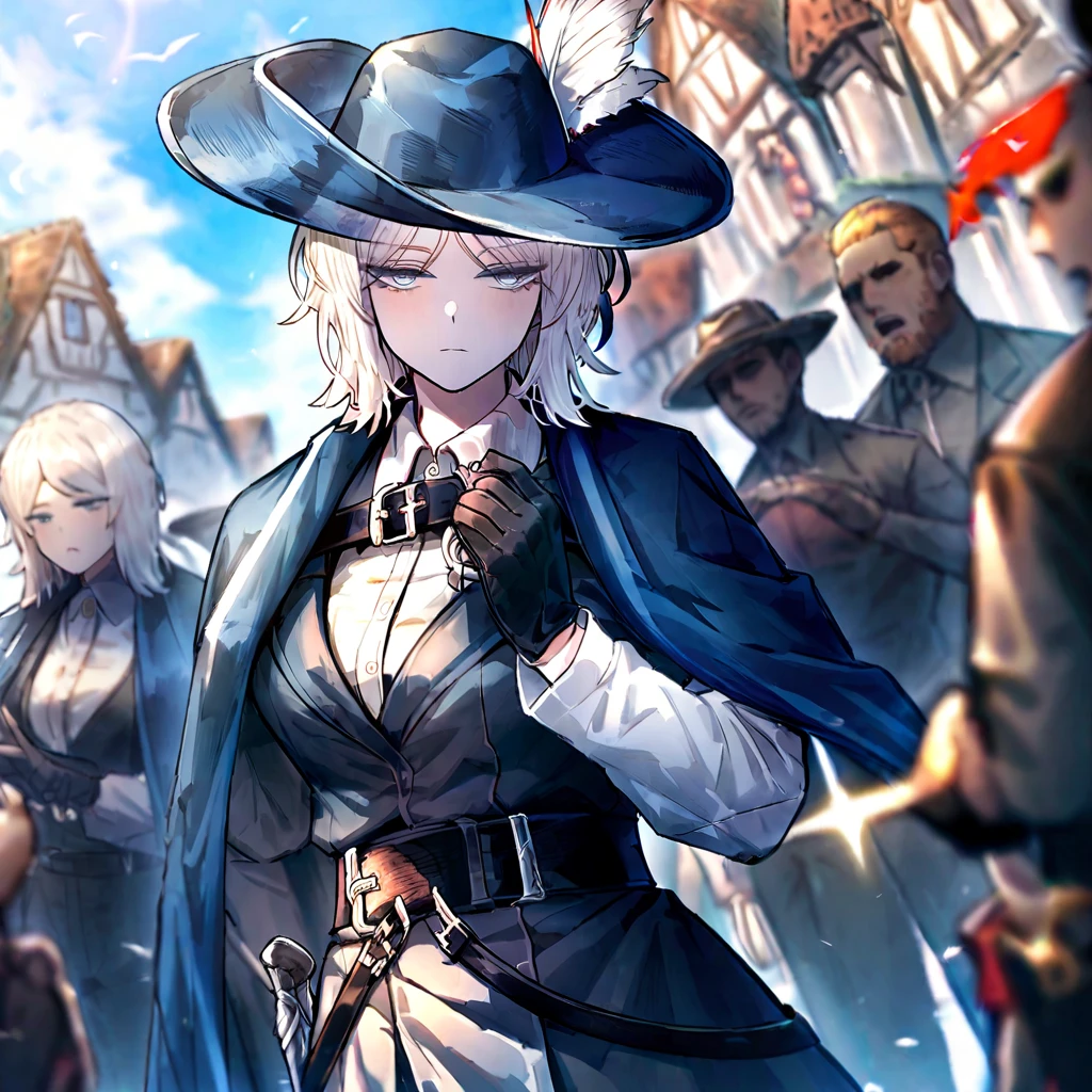 white hair,gloves,faust \(project moon\),black gloves,blue eyes,multiple girls,blue cape,shirt,hat,white shirt,A rapier on his belt,plume,short hair,expressionless,multiple boys,collared shirt,solo focus,long sleeves,cape,outdoors,2girls,closed mouth,sky,blue headwear,coat,multiple others,open mouth, ultra detailed, rapier in her hip