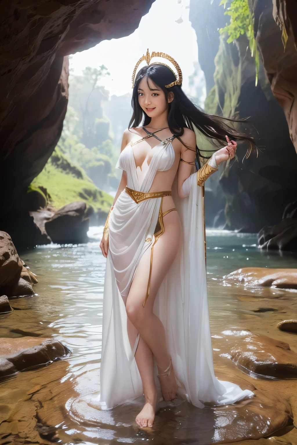 Emmy Rossum as a mythological elf in a long white dress with side slits, TRANSPARENT FABRICA, coxas expostas, tiara dourada, braceletes de ouro, brincos de argola de ouro, gargantilha de ouro, cabelos soltos ao vento, facial expression of tenderness, look-at-camera, athletic curvy body, cachoeira, gramado, lago, 64k