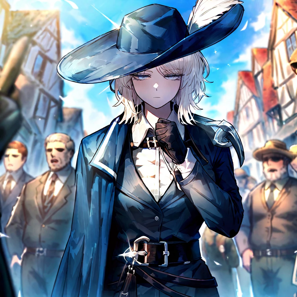 white hair,gloves,faust \(project moon\),black gloves,blue eyes,multiple girls,blue cape,shirt,hat,white shirt,A rapier on his belt,plume,short hair,expressionless,multiple boys,collared shirt,solo focus,long sleeves,cape,outdoors,2girls,closed mouth,sky,blue headwear,coat,multiple others,open mouth, ultra detailed, rapier in her hip