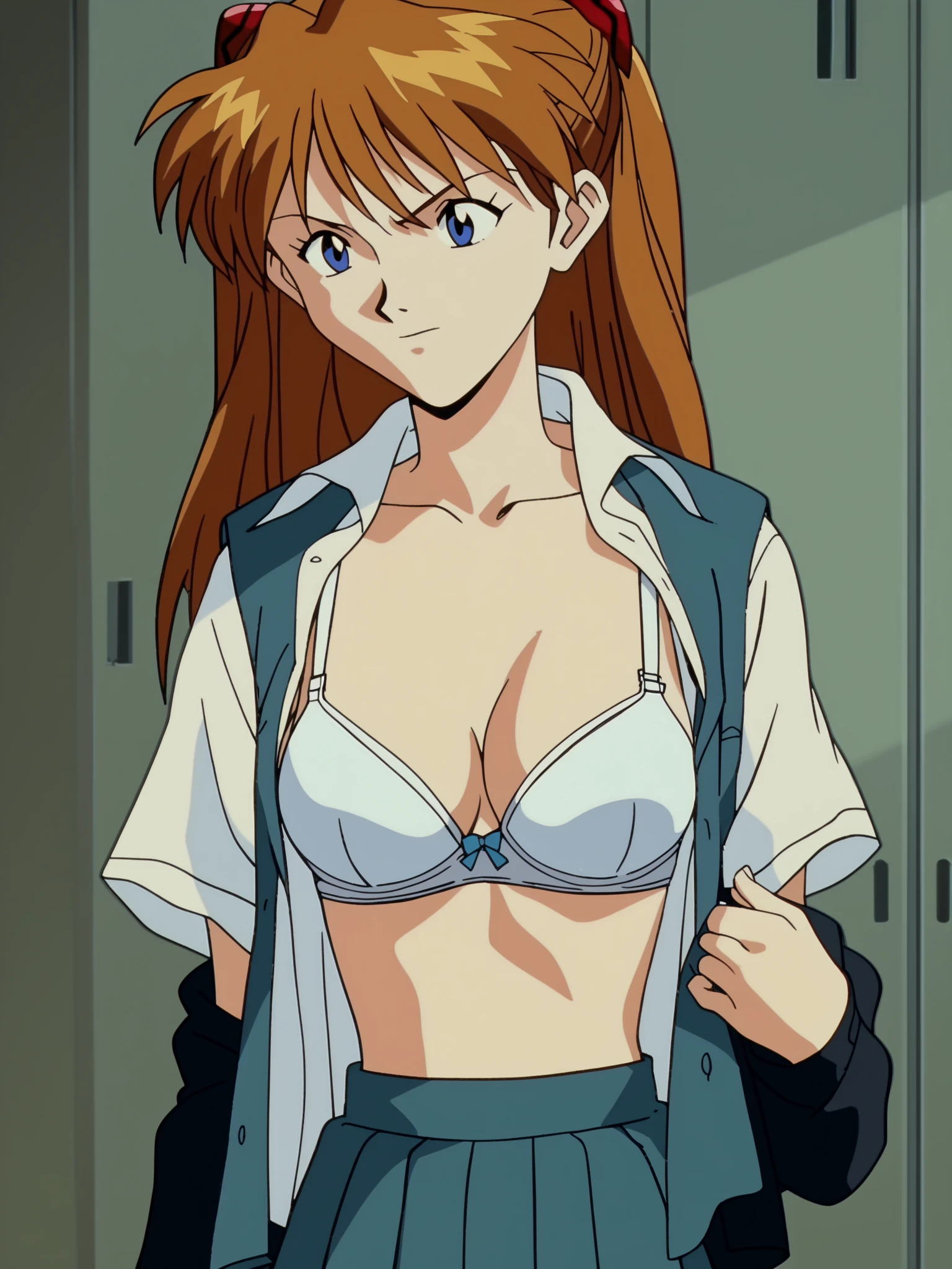 masterpiece,  top quality , anime screencap,   Soryu Asuka Langley,  school uniform,  No Emotion, Alone, indoor, School, locker room, (((open shirt, white bra))),