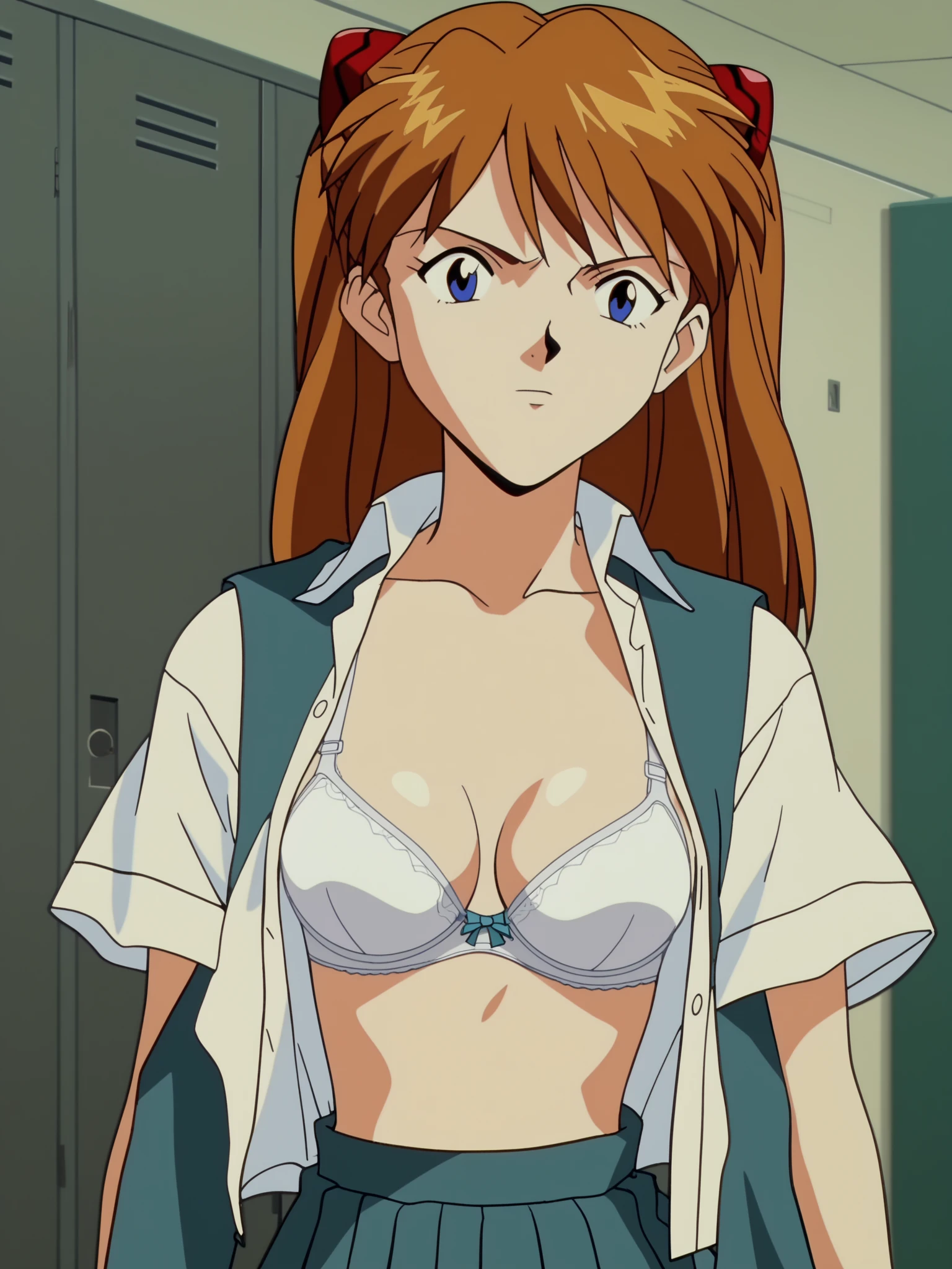 masterpiece,  top quality , anime screencap,   Soryu Asuka Langley,  school uniform,  No Emotion, Alone, indoor, School, locker room, (((open shirt, white bra))),