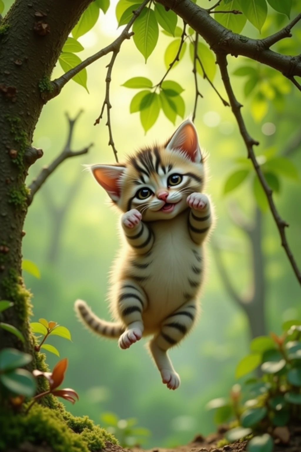 kitten hanging from a branch overhead