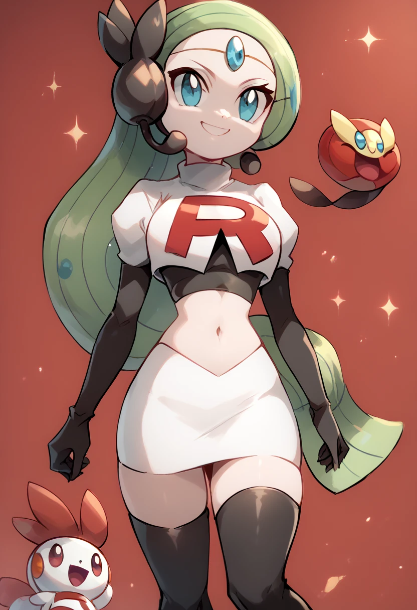 score_9, score_8_up, score_7_up, Meloetta, pokemon \(creature\), (solo), no humans, smile,team rocket,team rocket uniform,white skirt,red letter R,crop top,black thigh-highs,black elbow gloves