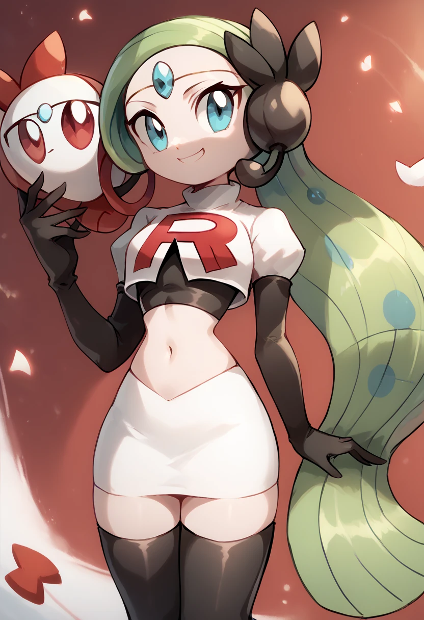 score_9, score_8_up, score_7_up, Meloetta, pokemon \(creature\), (solo), no humans, smile,team rocket,team rocket uniform,white skirt,red letter R,crop top,black thigh-highs,black elbow gloves