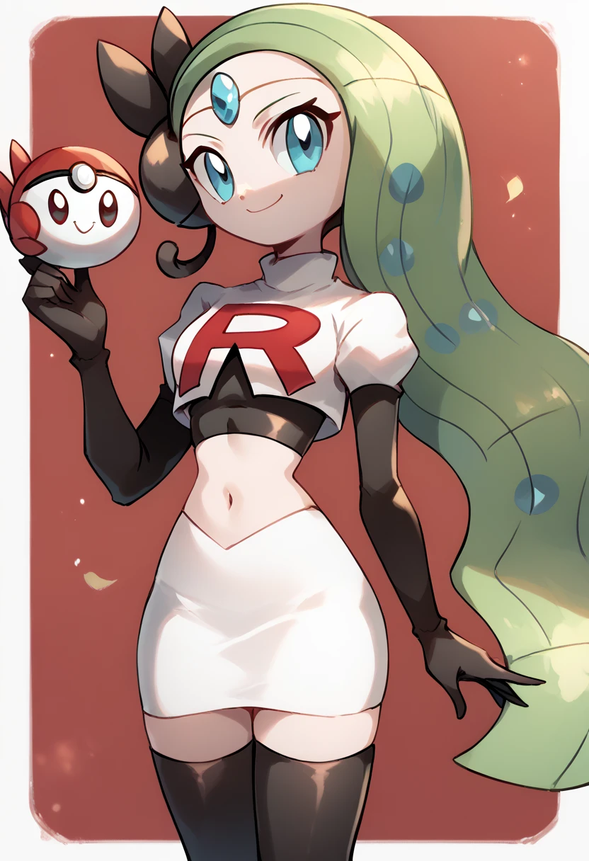 score_9, score_8_up, score_7_up, Meloetta, pokemon \(creature\), (solo), no humans, smile,team rocket,team rocket uniform,white skirt,red letter R,crop top,black thigh-highs,black elbow gloves