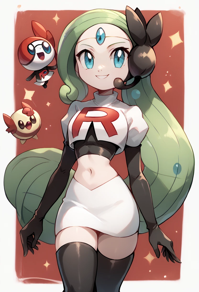 score_9, score_8_up, score_7_up, Meloetta, pokemon \(creature\), (solo), no humans, smile,team rocket,team rocket uniform,white skirt,red letter R,crop top,black thigh-highs,black elbow gloves