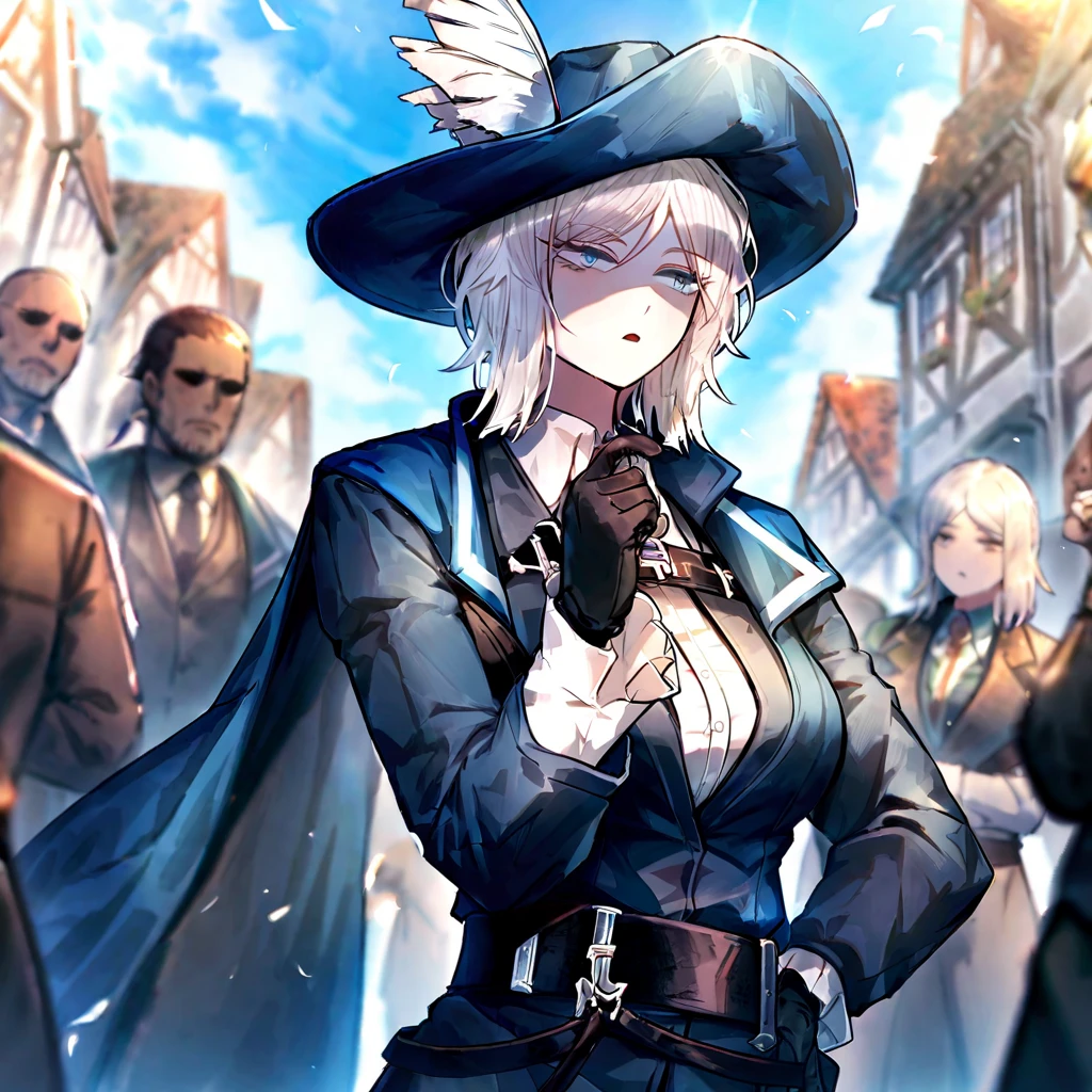 white hair,gloves,faust \(project moon\),black gloves,blue eyes,multiple girls,blue cape,shirt,hat,white shirt,A rapier on his belt,plume,short hair,expressionless,multiple boys,collared shirt,solo focus,long sleeves,cape,outdoors,2girls,closed mouth,sky,blue headwear,coat,multiple others,open mouth, ultra detailed, rapier in her hip