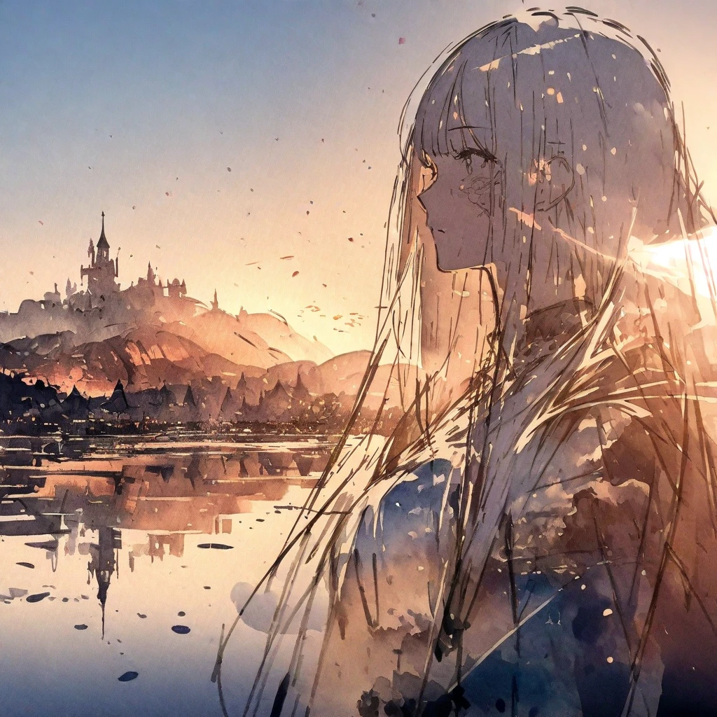 ((sketch:1.5)), ((watercolor:1)), Double Exposure of a Beautiful and Delicate Woman (The face is clear and perfect)image，Background、 perfect super detailed Victorian landscape ,  beautiful,  beautiful笑顔, complicated illustration,  artwork concept artwork, break,(Reflect before you repel ),