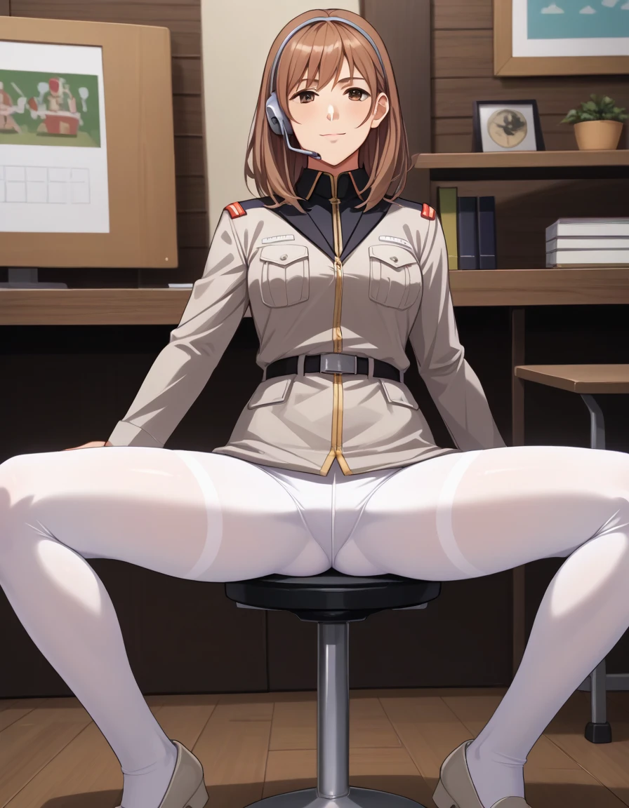 score_9,score_8_ up,score_7_ up.、 anime coloring  ,tv set_anchor , One girl ,table, sitting, 、  Source Anime  、  1 girl、、Alone、,indoor, Noel Anderson 、 Shorthair、 brown hair 、 brown eyes,  headset、uniform、 gray jacket、 chest pocket 、Black belt、 Long Sleeve 、White pantyhose, spread her legs