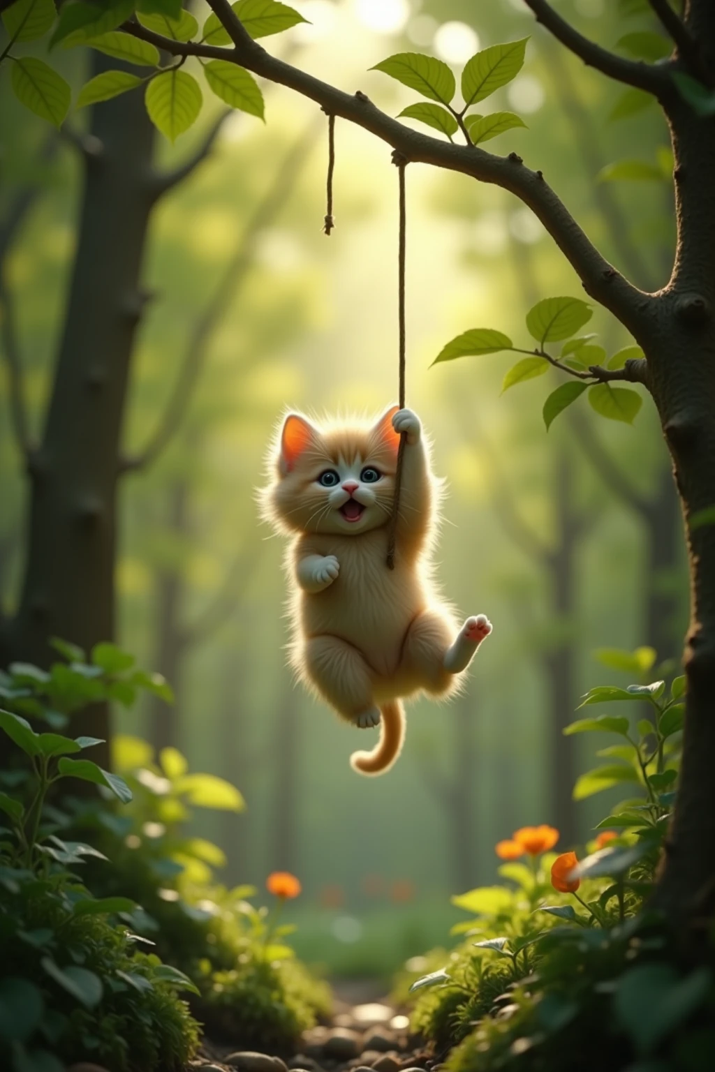 kitten hanging from a branch afraid of falling