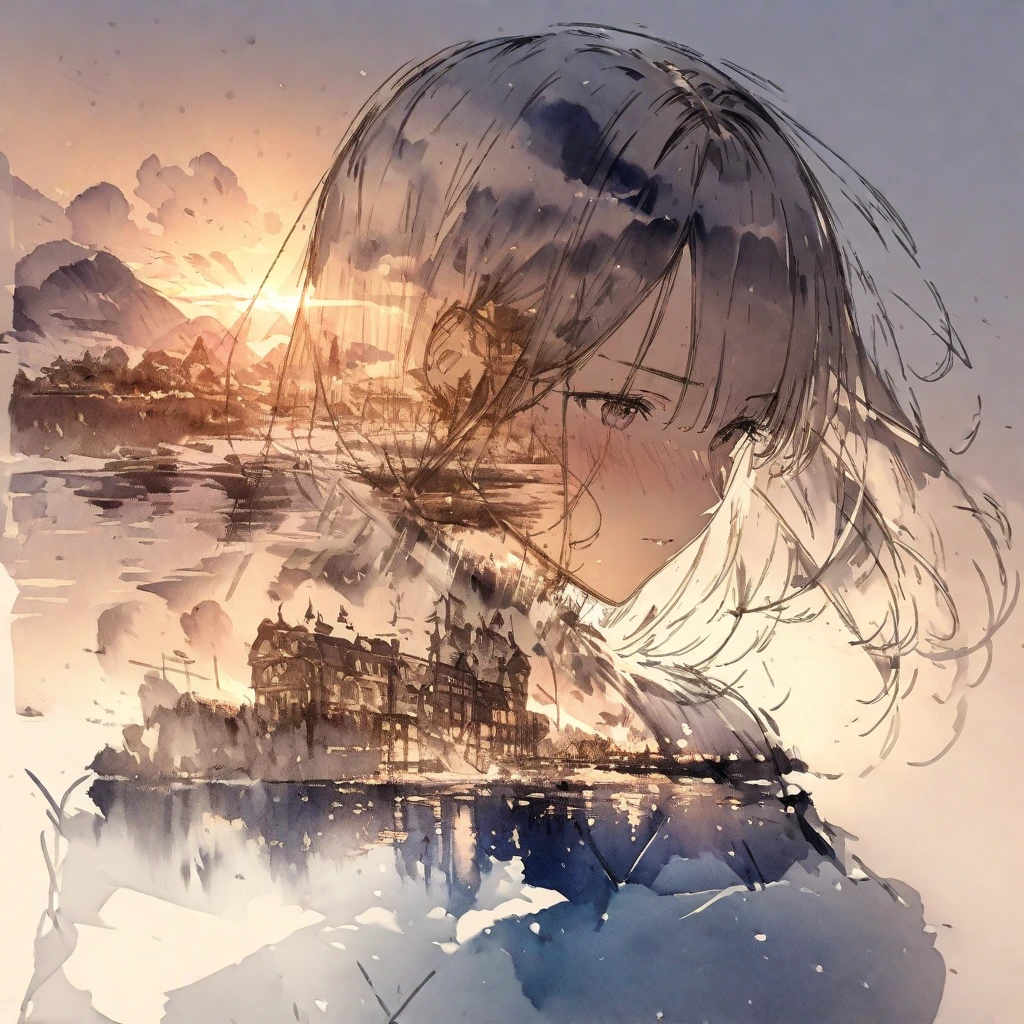 ((sketch:1.5)), ((watercolor:1)), Double Exposure of a Beautiful and Delicate Woman (The face is clear and perfect)image，Background、 perfect super detailed Victorian landscape ,  beautiful,  beautiful笑顔, complicated illustration,  artwork concept artwork, break,(Reflect before you repel ),