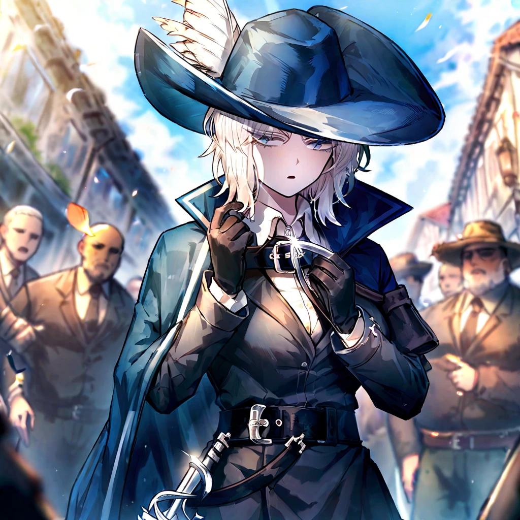 white hair,gloves,faust \(project moon\),black gloves,blue eyes,multiple girls,blue cape,shirt,hat,white shirt,A rapier on his belt,plume,short hair,expressionless,multiple boys,collared shirt,solo focus,long sleeves,cape,outdoors,2girls,closed mouth,sky,blue headwear,coat,multiple others,open mouth, ultra detailed, rapier in her hip