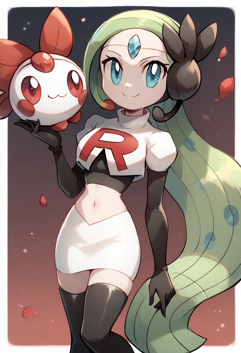 score_9, score_8_up, score_7_up, Meloetta, pokemon \(creature\), (solo), no humans, smile,team rocket,team rocket uniform,white skirt,red letter R,crop top,black thigh-highs,black elbow gloves