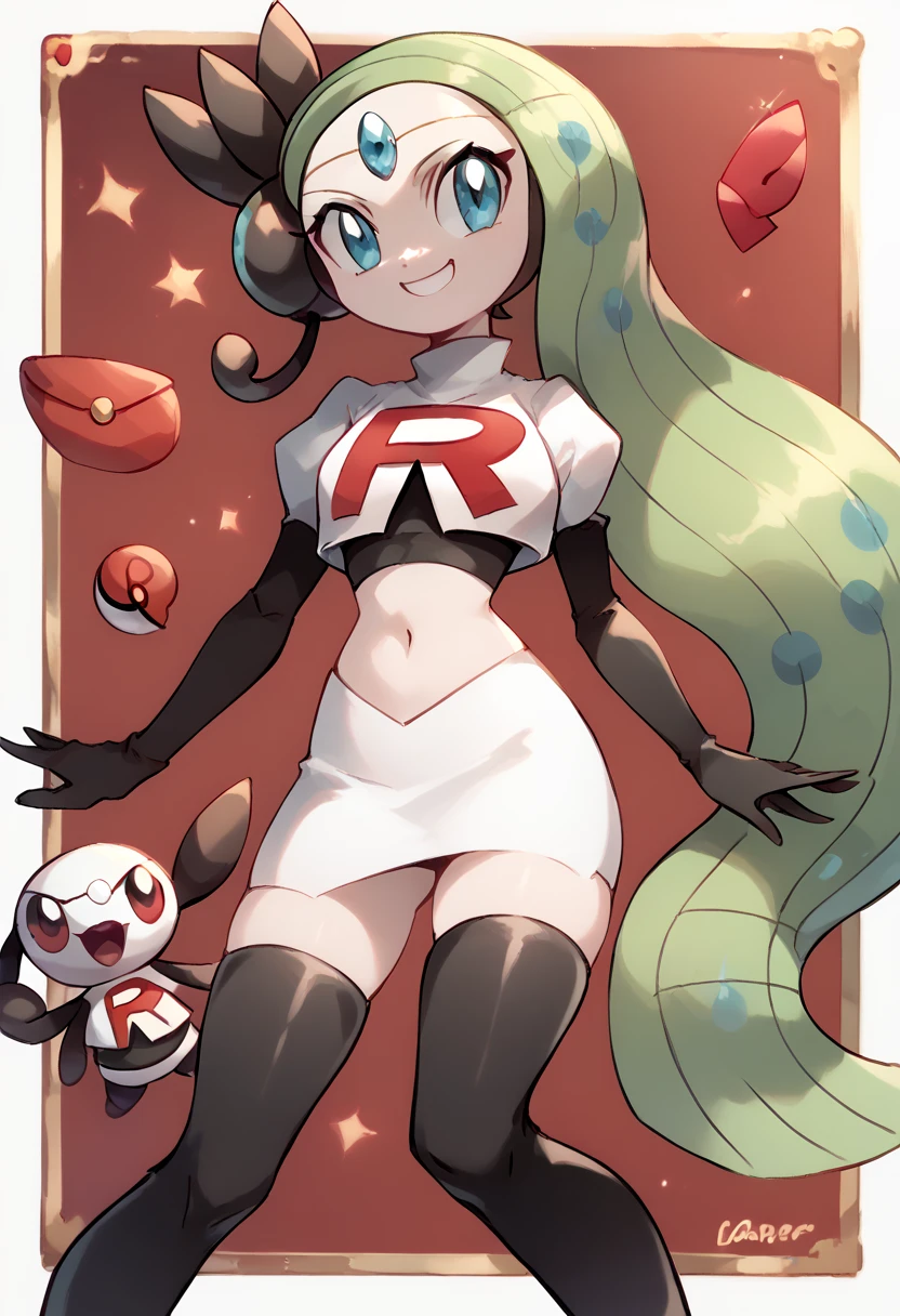 score_9, score_8_up, score_7_up, Meloetta, pokemon \(creature\), (solo), no humans, smile,team rocket,team rocket uniform,white skirt,red letter R,crop top,black thigh-highs,black elbow gloves