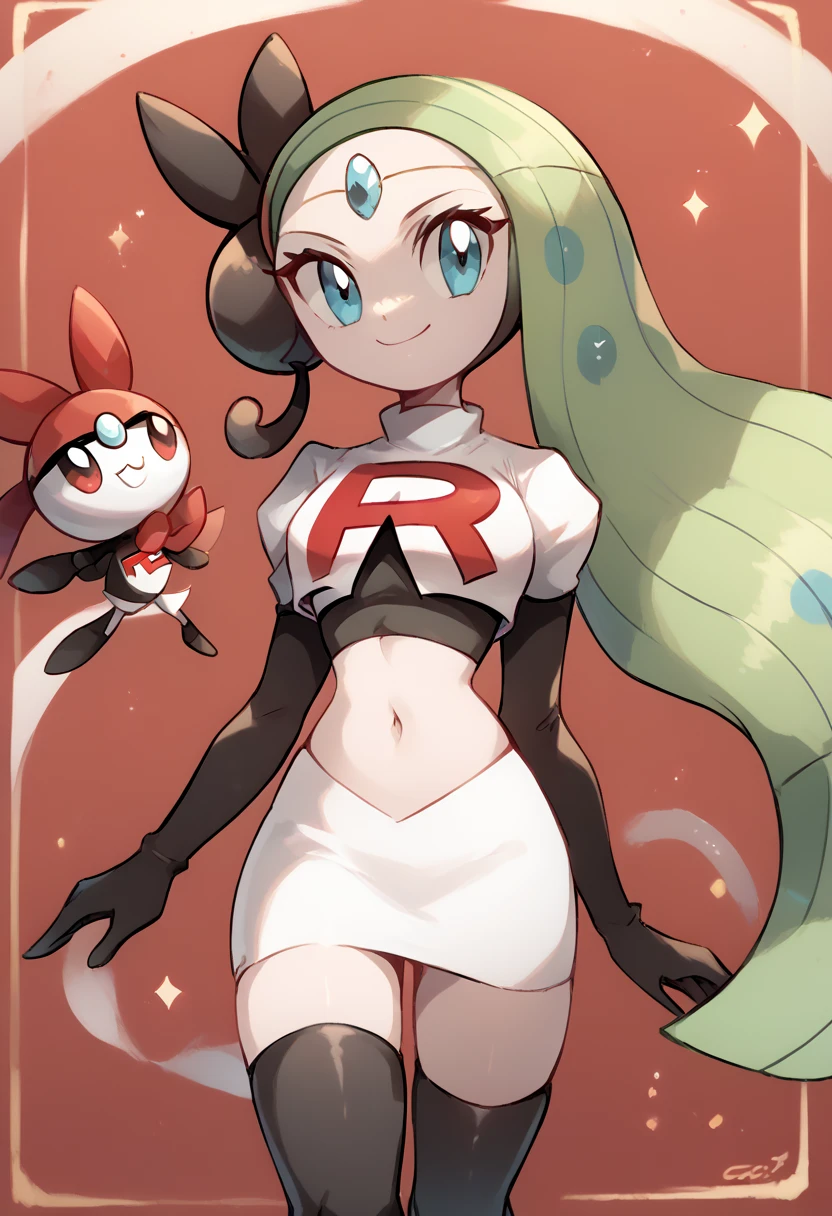 score_9, score_8_up, score_7_up, Meloetta, pokemon \(creature\), (solo), no humans, smile,team rocket,team rocket uniform,white skirt,red letter R,crop top,black thigh-highs,black elbow gloves