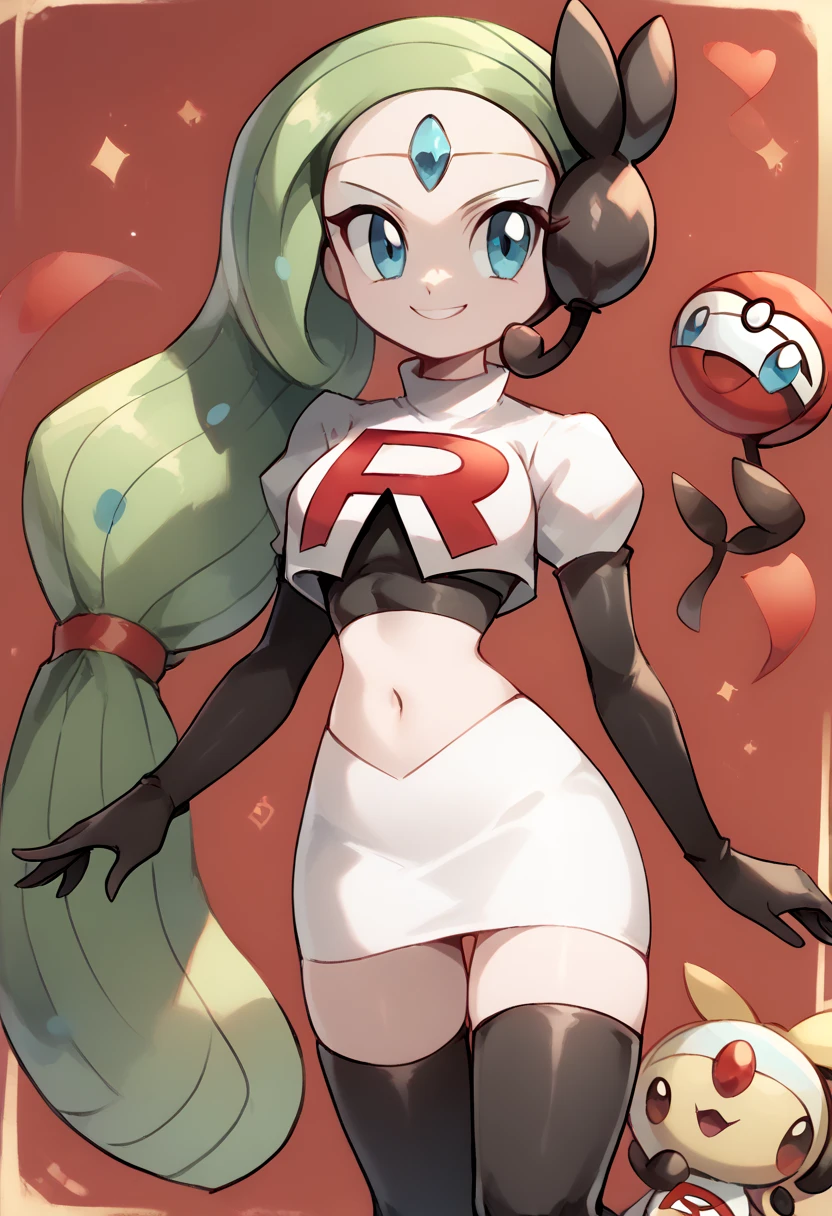 score_9, score_8_up, score_7_up, Meloetta, pokemon \(creature\), (solo), no humans, smile,team rocket,team rocket uniform,white skirt,red letter R,crop top,black thigh-highs,black elbow gloves