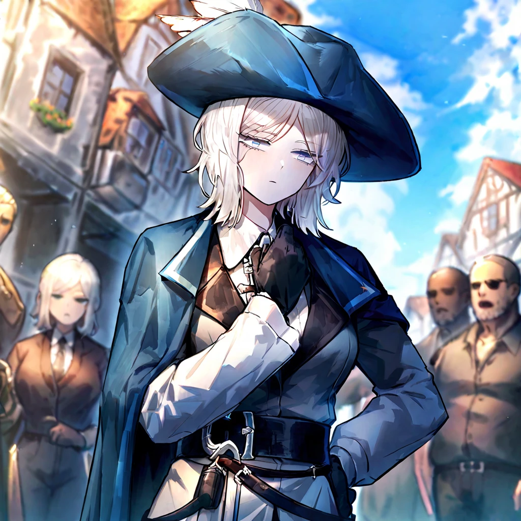 white hair,gloves,faust \(project moon\),black gloves,blue eyes,multiple girls,blue cape,shirt,hat,white shirt,A rapier on his belt,plume,short hair,expressionless,multiple boys,collared shirt,solo focus,long sleeves,cape,outdoors,2girls,closed mouth,sky,blue headwear,coat,multiple others,open mouth, ultra detailed, rapier in her hip