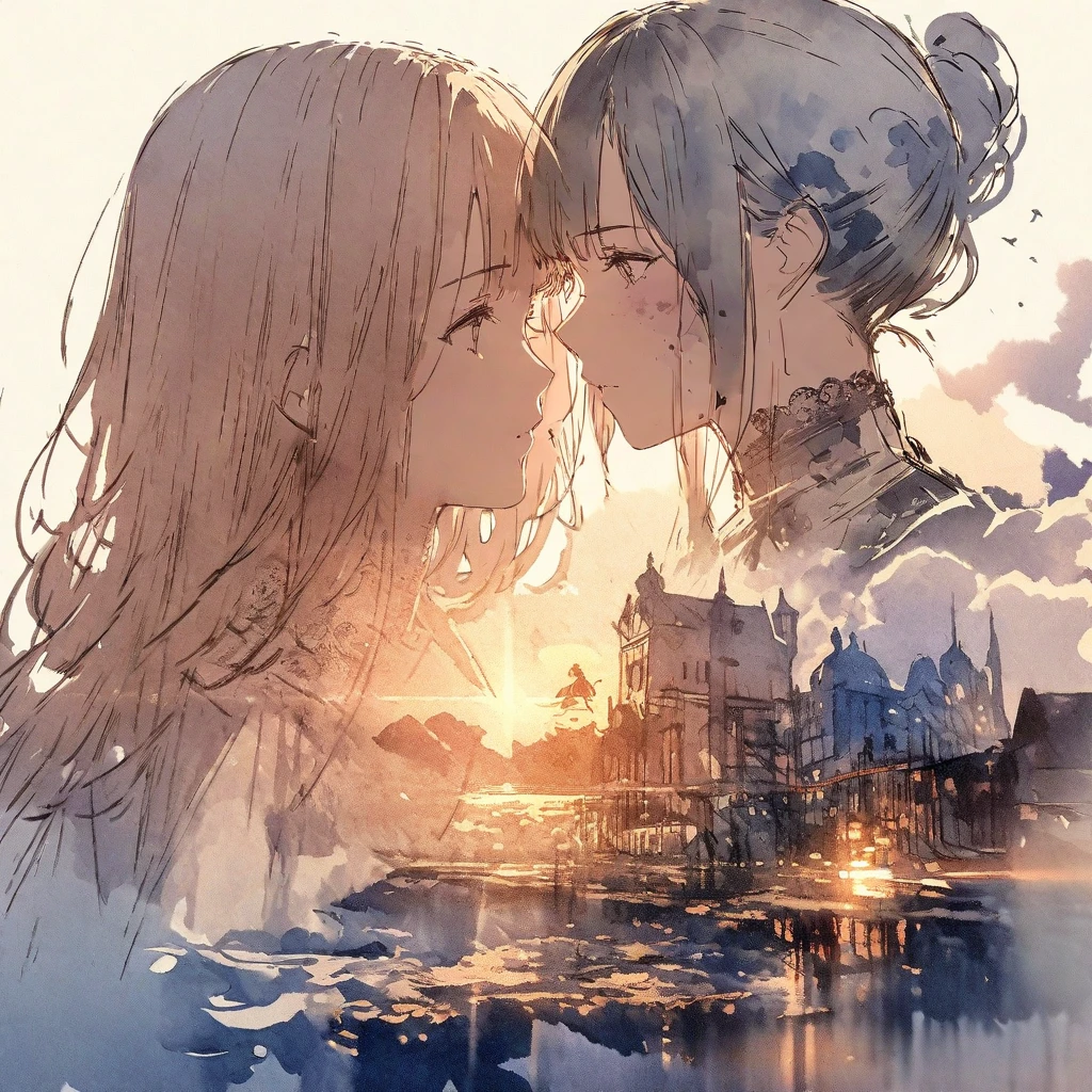 ((sketch:1.5)), ((watercolor:1)), Double Exposure of a Beautiful and Delicate Woman (The face is clear and perfect)image，Background、 perfect super detailed Victorian landscape ,  beautiful,  beautiful笑顔, complicated illustration,  artwork concept artwork, break,(The vitality of being distracted by behavior and forgetting),