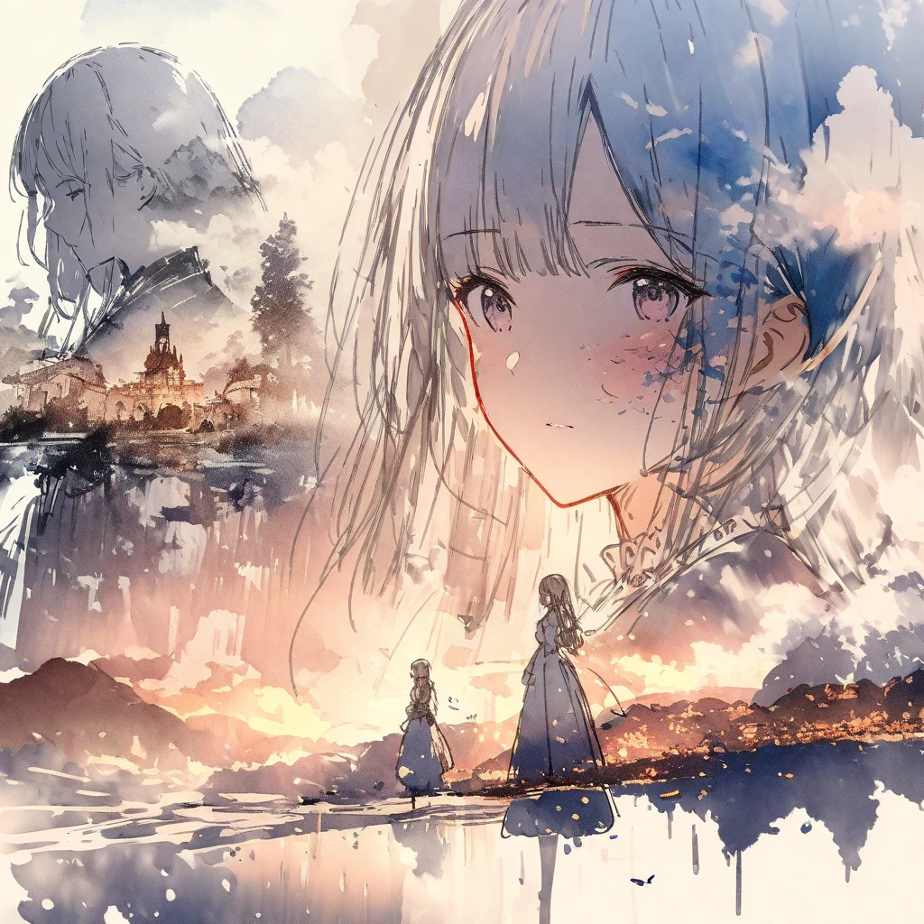 ((sketch:1.5)), ((watercolor:1)), Double Exposure of a Beautiful and Delicate Woman (The face is clear and perfect)image，Background、 perfect super detailed Victorian landscape ,  beautiful,  beautiful笑顔, complicated illustration,  artwork concept artwork, break,(The vitality of being distracted by behavior and forgetting),