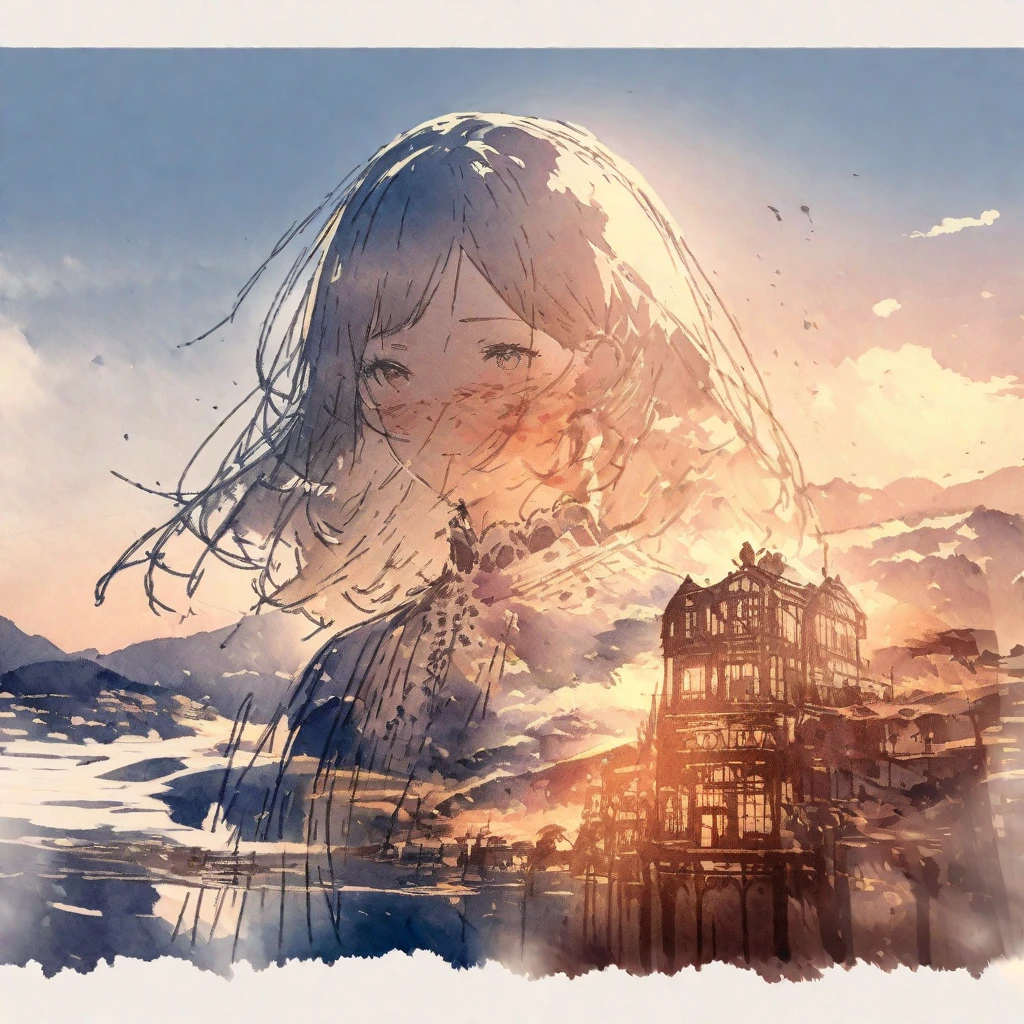 ((sketch:1.5)), ((watercolor:1)), Double Exposure of a Beautiful and Delicate Woman (The face is clear and perfect)image，Background、 perfect super detailed Victorian landscape ,  beautiful,  beautiful笑顔, complicated illustration,  artwork concept artwork, break,(Don't get tired of the balance between the inside and outside),