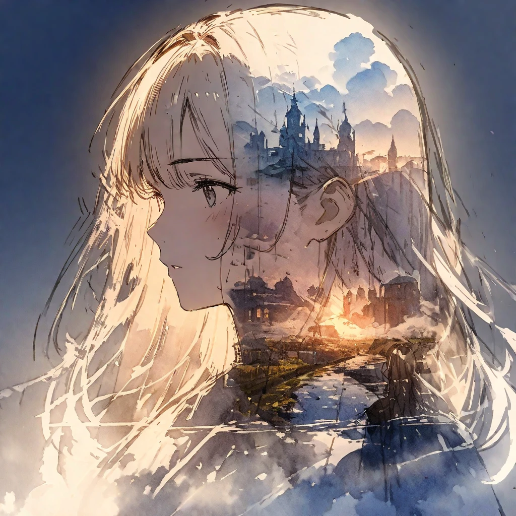 ((sketch:1.5)), ((watercolor:1)), Double Exposure of a Beautiful and Delicate Woman (The face is clear and perfect)image，Background、 perfect super detailed Victorian landscape ,  beautiful,  beautiful笑顔, complicated illustration,  artwork concept artwork, break,(Don't get tired of the balance between the inside and outside),