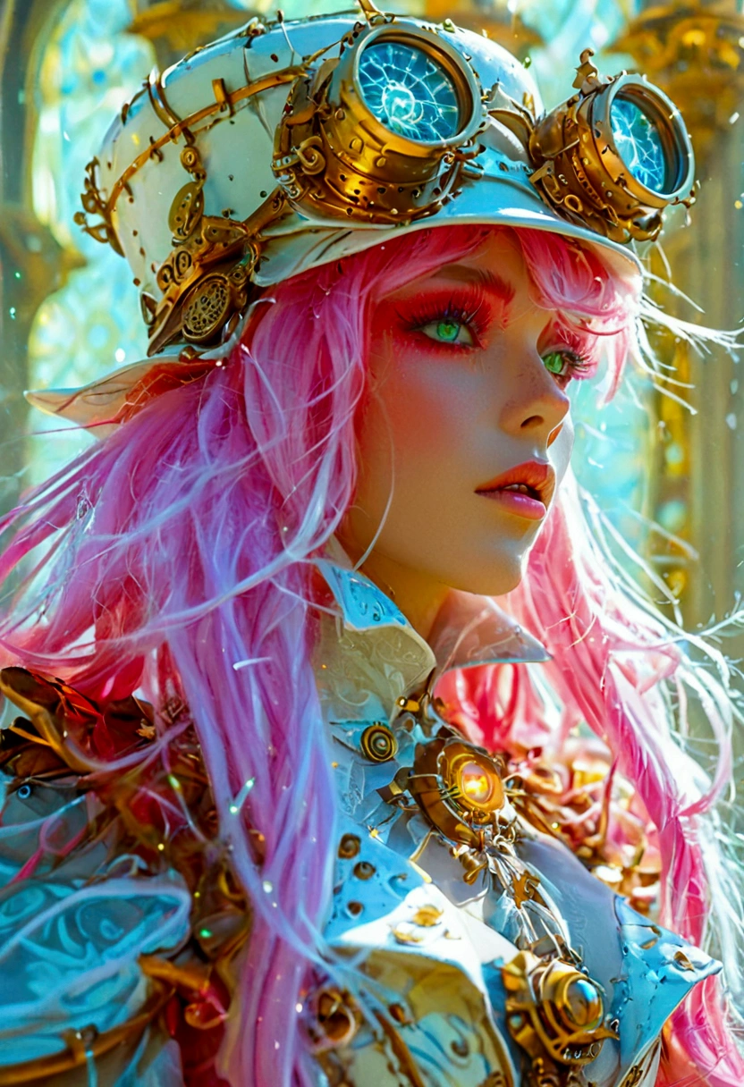 Imagine a beautiful woman with long straight neon pink hair with white skin with neon green eyes with a sculptural body wearing light red and white steampunk armor with ornaments wearing a Victorian top hat with brass bronze glasses on her head energizing blue sparks in her hands in an arcane temple.