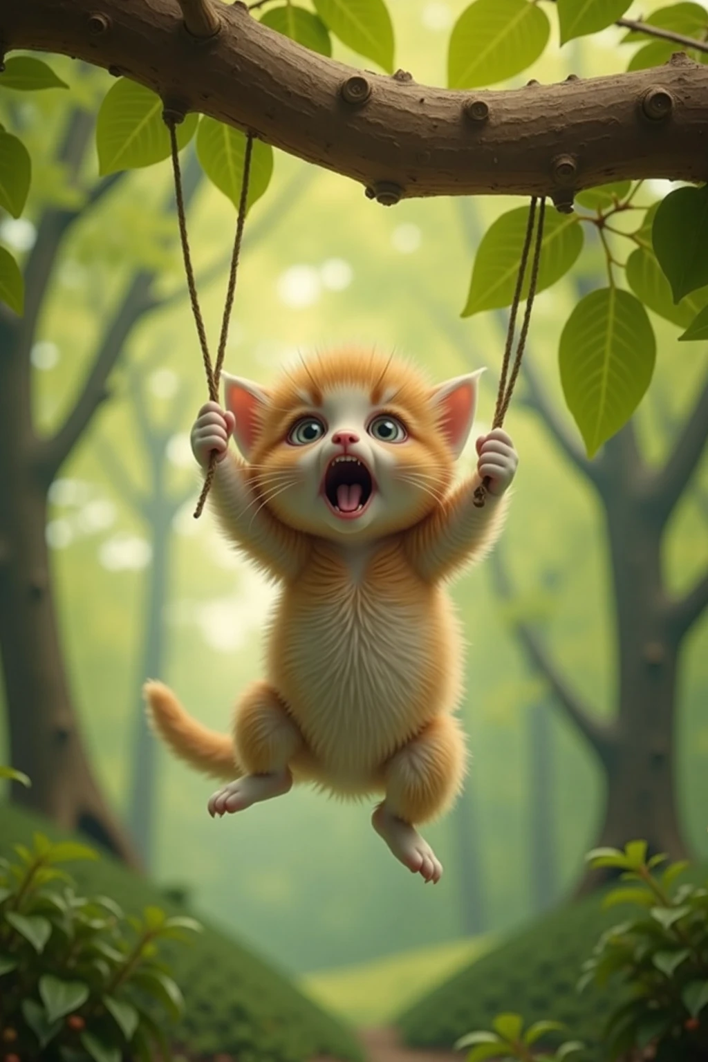 kitten hanging from a branch afraid of falling