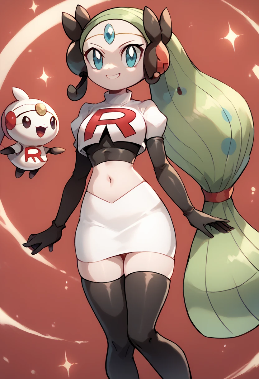 score_9, score_8_up, score_7_up, Meloetta, pokemon \(creature\), (solo), no humans, smile,team rocket,team rocket uniform,white skirt,red letter R,crop top,black thigh-highs,black elbow gloves