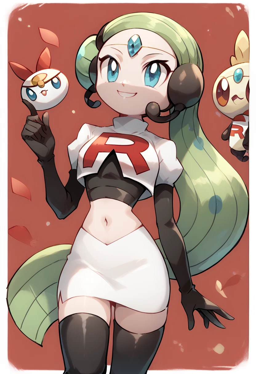 score_9, score_8_up, score_7_up, Meloetta, pokemon \(creature\), (solo), no humans, smile,team rocket,team rocket uniform,white skirt,red letter R,crop top,black thigh-highs,black elbow gloves