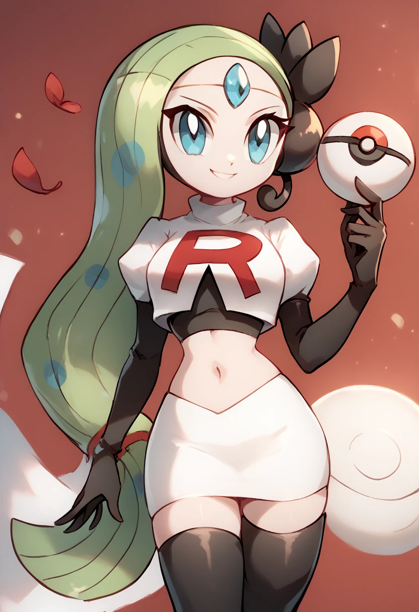 score_9, score_8_up, score_7_up, Meloetta, pokemon \(creature\), (solo), no humans, smile,team rocket,team rocket uniform,white skirt,red letter R,crop top,black thigh-highs,black elbow gloves