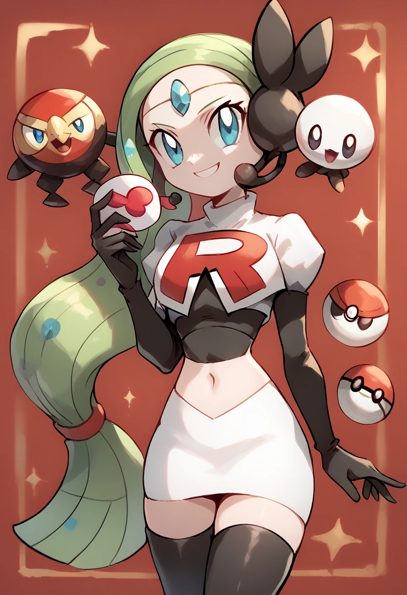 score_9, score_8_up, score_7_up, Meloetta, pokemon \(creature\), (solo), no humans, smile,team rocket,team rocket uniform,white skirt,red letter R,crop top,black thigh-highs,black elbow gloves