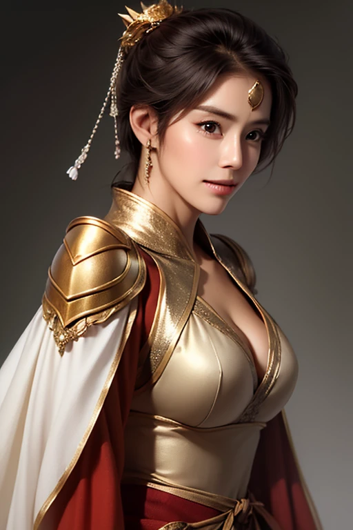 ((The upper body of a female warrior wearing gold and red armor and a cloak:1.4)),1 person,  black hair,  belly shortcut   ,Big breasts and cleavage,  high-definition face and skin texture  ,  staring at the camera,   Chinese Warrior:1.2,  perfect beauty: 1.4, fine grain,  double eyelids in a judo suit ,  whitening for women with bristles, top quality ,  super high res ,  simple background，Symmetrical Normal Eyes   , hair accessories, Slim Waist ,