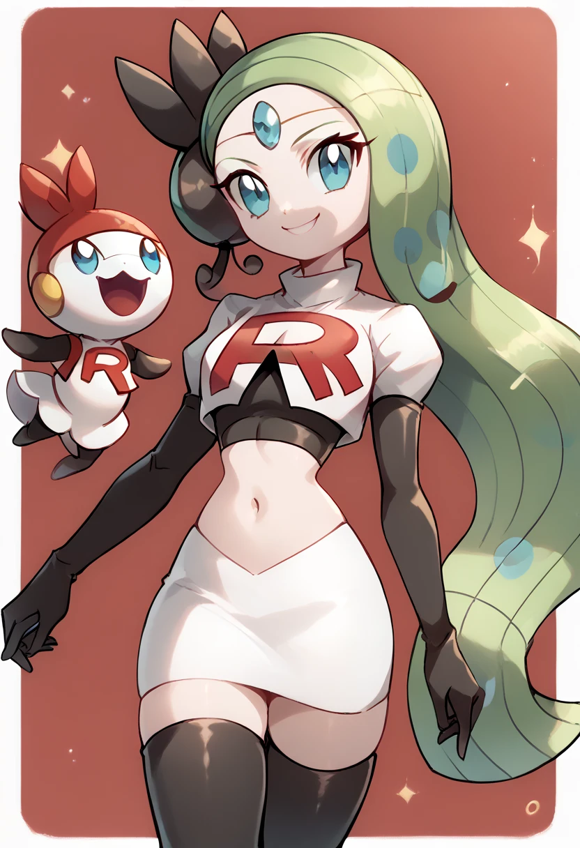 score_9, score_8_up, score_7_up, Meloetta, pokemon \(creature\), (solo), no humans, smile,team rocket,team rocket uniform,white skirt,red letter R,crop top,black thigh-highs,black elbow gloves