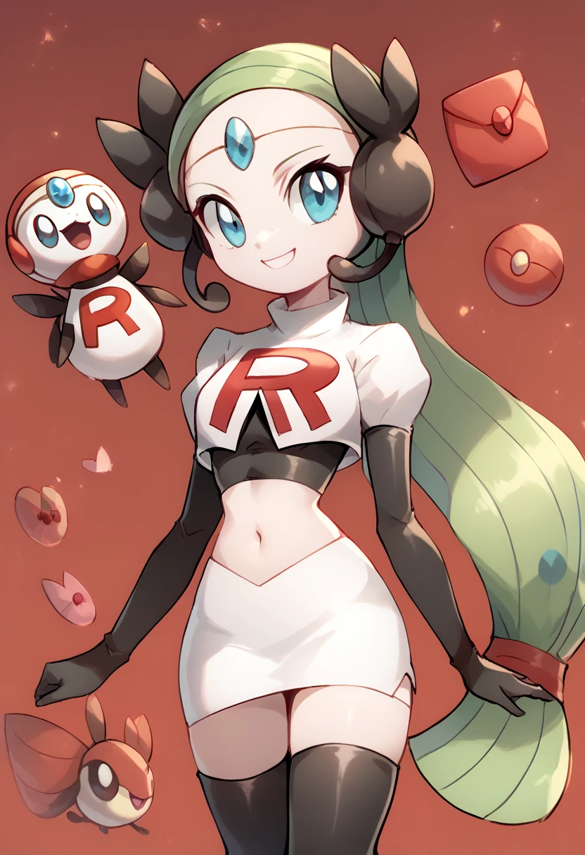 score_9, score_8_up, score_7_up, Meloetta, pokemon \(creature\), (solo), no humans, smile,team rocket,team rocket uniform,white skirt,red letter R,crop top,black thigh-highs,black elbow gloves