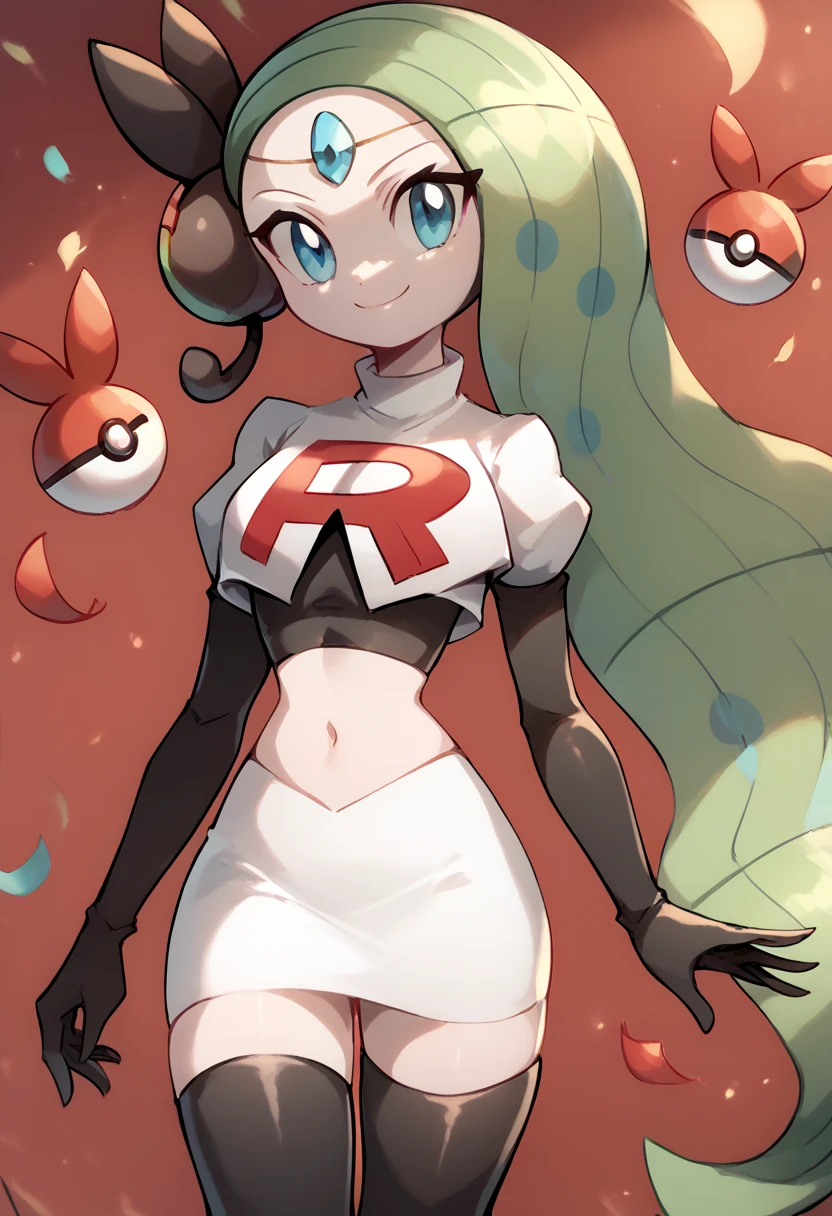 score_9, score_8_up, score_7_up, Meloetta, pokemon \(creature\), (solo), no humans, smile,team rocket,team rocket uniform,white skirt,red letter R,crop top,black thigh-highs,black elbow gloves