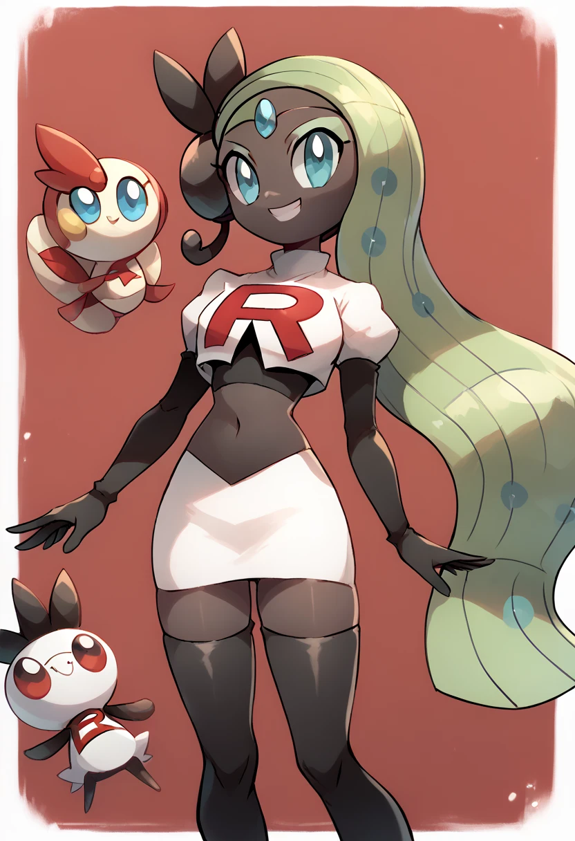 score_9, score_8_up, score_7_up, Meloetta, pokemon \(creature\), (solo), no humans, smile,team rocket,team rocket uniform,white skirt,red letter R,crop top,black thigh-highs,black elbow gloves