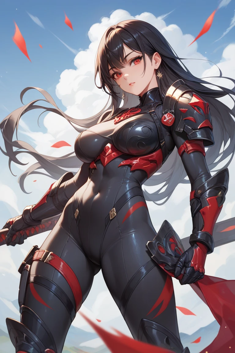 Fine, (best illustration), 8k resolution, intricate detail, highest quality, realistic, ultra detail, best lighting, best shadow, ultra hd, red and black scorpion mecha, bishōjo mecha v6, long black hair, red eyes, big breasts, big, wide ass, back figure, turning, ass emphasis, navel out,