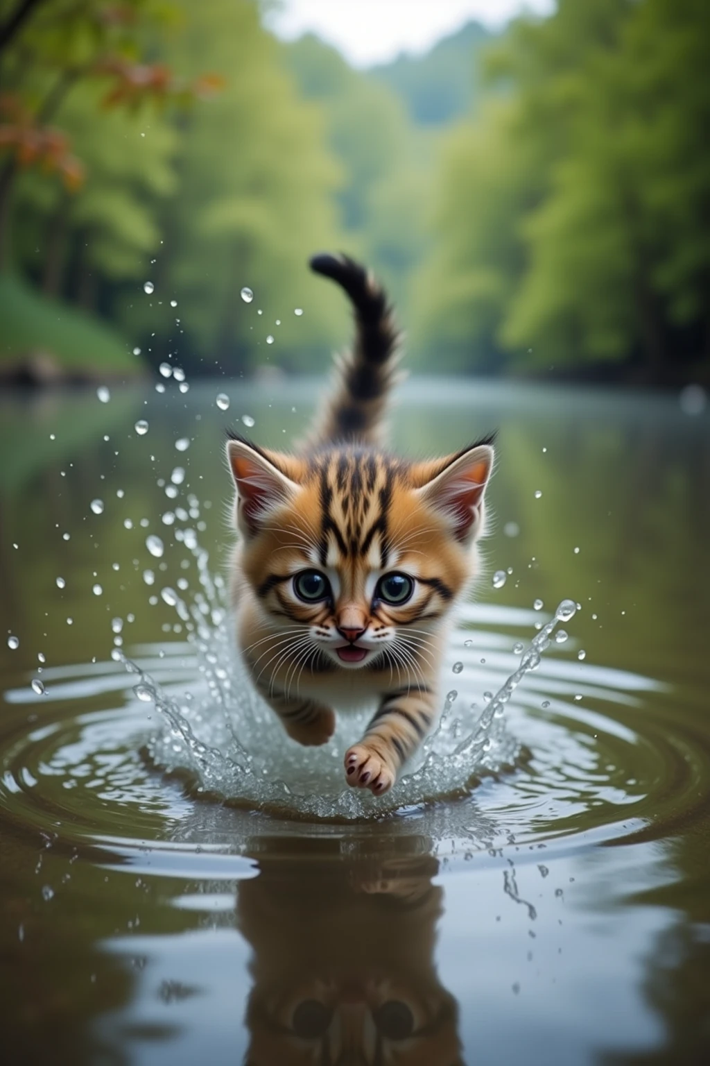 kitten falling into the lake with a panicked expression