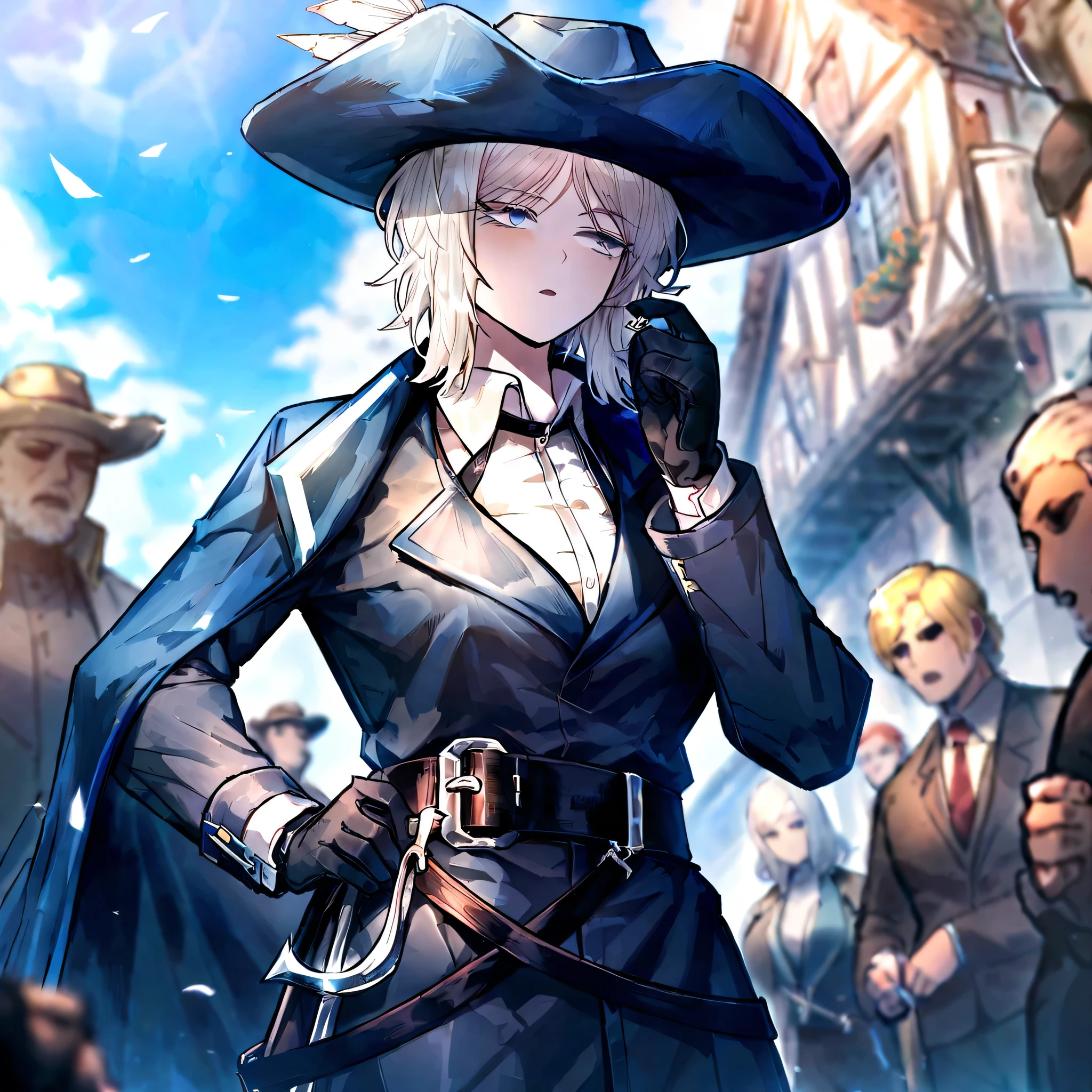 white hair,gloves,faust \(project moon\),black gloves,blue eyes,multiple girls,blue cape,shirt,hat,white shirt,A rapier on his belt,plume,short hair,expressionless,multiple boys,collared shirt,solo focus,long sleeves,cape,outdoors,2girls,closed mouth,sky,blue headwear,coat,multiple others,open mouth, ultra detailed, rapier in her hip, Attention to the rapier on her hip