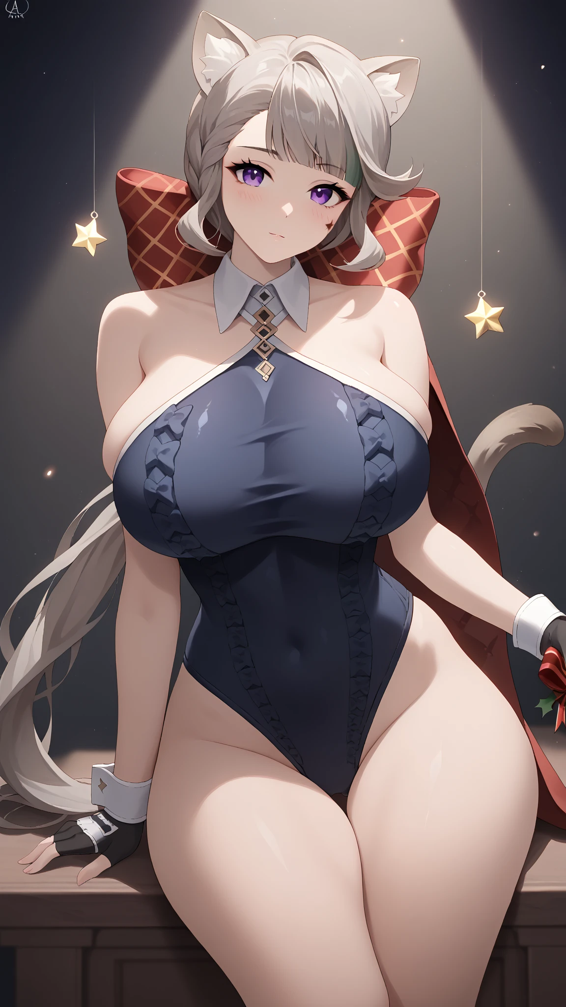 ((((1girl)))), (((cute swimsuit))), ((sexy pose)), (huge breasts, big butt, wide hips), lynettedef, purple eyes, grey hair, long hair, braid, animal ears, animal ear fluff, cat girl, star \(symbol\, hair bow, cat tail, intricate detail, hyper-anime, trending on artstation, 8k, stunning shading, anime, highly detailed, realistic, dramatic lighting, beautiful, animation, sharp focus, award winning, masterpiece, cinematic, dynamic, cinematic lighting, breathtaking, exquisite, great attention to skin and eyes, exceptional, exemplary, unsurpassed, viral, popular, buzzworthy, up-and-coming, emerging, promising, acclaimed, premium, seductive look, (Christmas themed), 