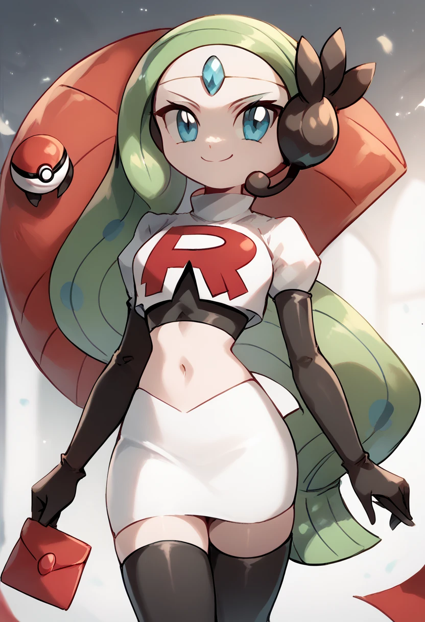 score_9, score_8_up, score_7_up, Meloetta, pokemon \(creature\), (solo), no humans, smile,team rocket,team rocket uniform,white skirt,red letter R,crop top,black thigh-highs,black elbow gloves