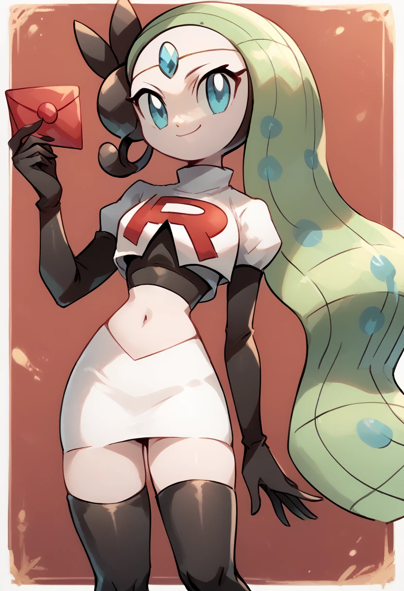 score_9, score_8_up, score_7_up, Meloetta, pokemon \(creature\), (solo), no humans, smile,team rocket,team rocket uniform,white skirt,red letter R,crop top,black thigh-highs,black elbow gloves