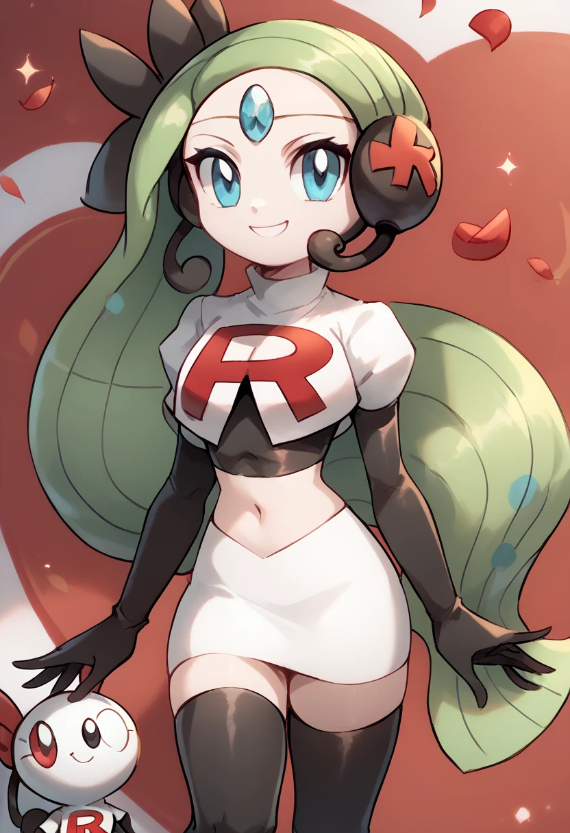 score_9, score_8_up, score_7_up, Meloetta, pokemon \(creature\), (solo), no humans, smile,team rocket,team rocket uniform,white skirt,red letter R,crop top,black thigh-highs,black elbow gloves