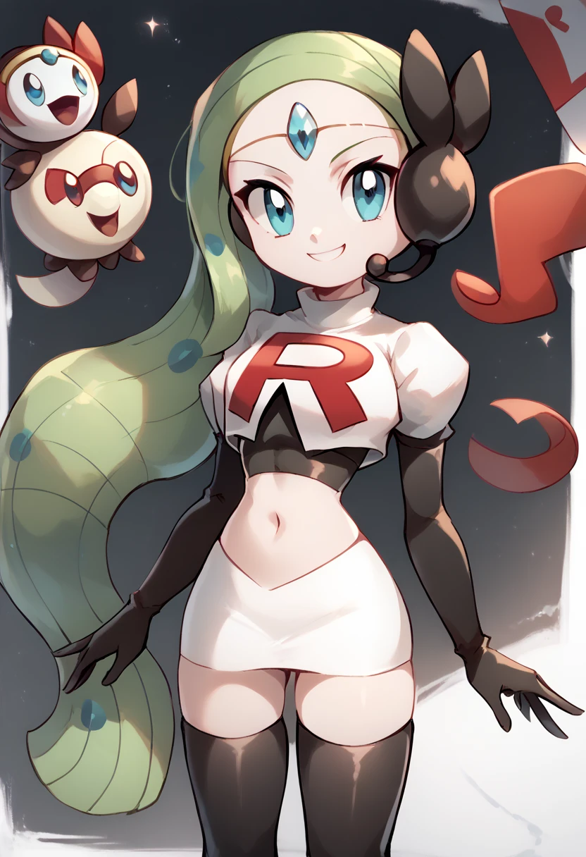 score_9, score_8_up, score_7_up, Meloetta, pokemon \(creature\), (solo), no humans, smile,team rocket,team rocket uniform,white skirt,red letter R,crop top,black thigh-highs,black elbow gloves