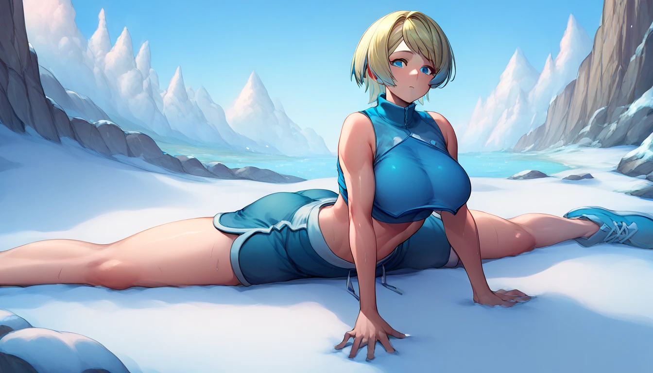 blue clear sky, snow, 1girl, solo, radient hair, multicolored hair, short hair, blonde hair, bangs, blue eyes, ((blue crop top, dolphin shorts)), slim, huge breasts, Sitting, On the ground, Split Horizon, stretch, horizontal splits, stretch regs, hands on floor