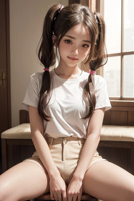 (masterpiece, Highest quality, 8K, High resolution),(Realistic skin texture, Perfect Face, Realistic, Perfect hands, Perfect finger count, Japanese, Girl), (16 years old), Big Eyes, Brown eyes, Light brown hair, bangs, Twin tails, Big hair ribbon, Small face, Bad mood, ((camisole, Low-rise shorts)), Are standing, Cute pose, High floors, Window