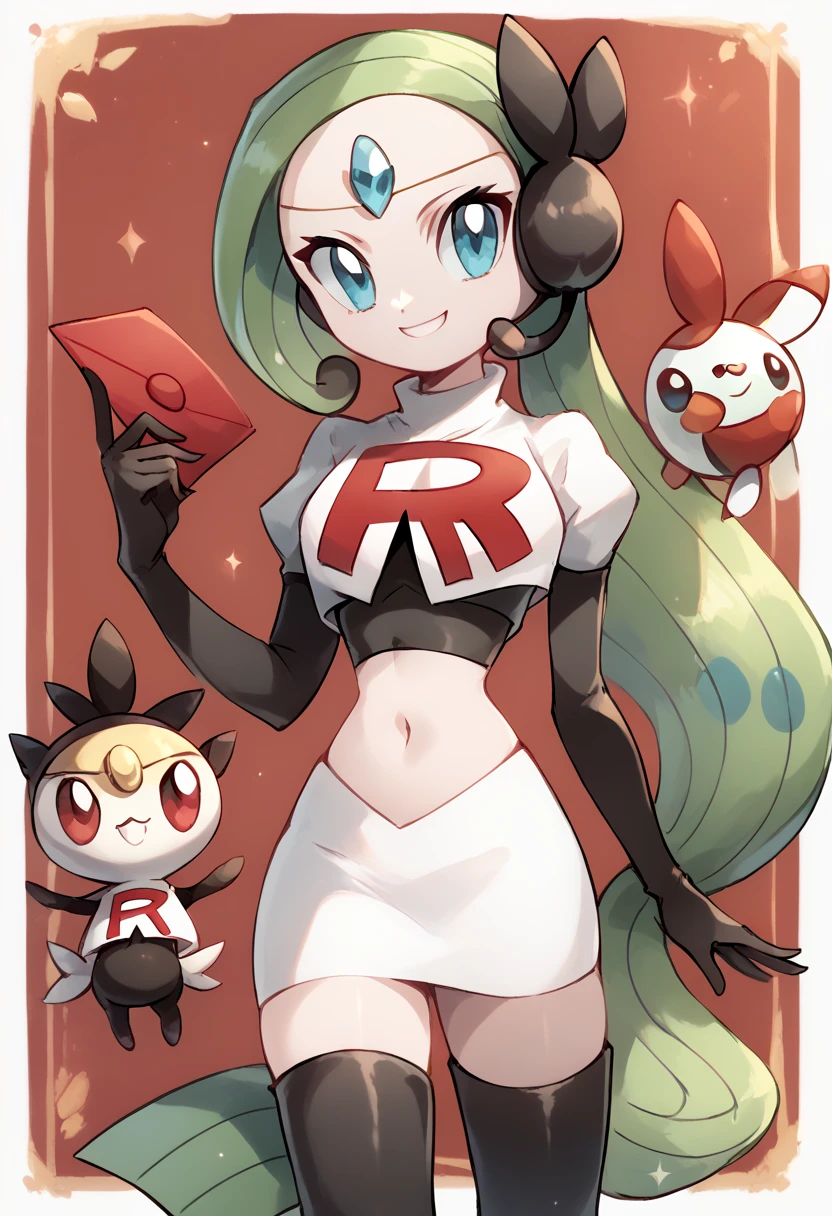 score_9, score_8_up, score_7_up, Meloetta, pokemon \(creature\), (solo), no humans, smile,team rocket,team rocket uniform,white skirt,red letter R,crop top,black thigh-highs,black elbow gloves