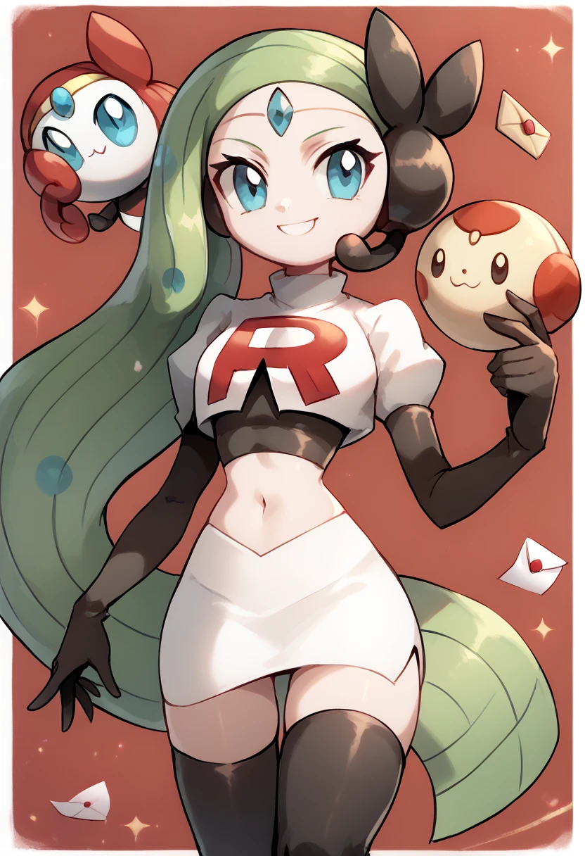 score_9, score_8_up, score_7_up, Meloetta, pokemon \(creature\), (solo), no humans, smile,team rocket,team rocket uniform,white skirt,red letter R,crop top,black thigh-highs,black elbow gloves