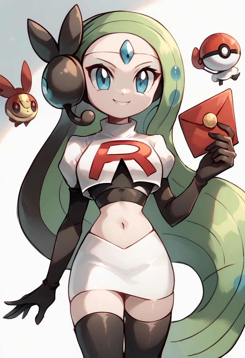 score_9, score_8_up, score_7_up, Meloetta, pokemon \(creature\), (solo), no humans, smile,team rocket,team rocket uniform,white skirt,red letter R,crop top,black thigh-highs,black elbow gloves