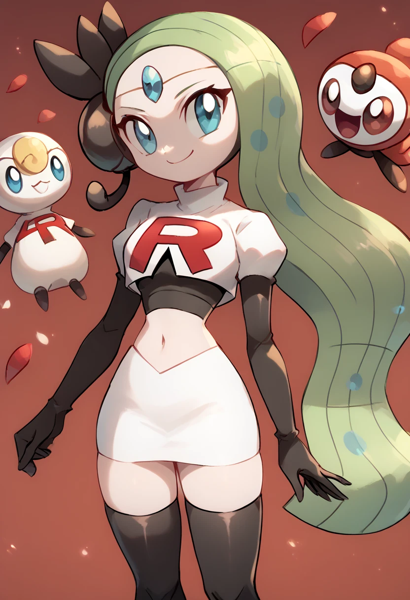 score_9, score_8_up, score_7_up, Meloetta, pokemon \(creature\), (solo), no humans, smile,team rocket,team rocket uniform,white skirt,red letter R,crop top,black thigh-highs,black elbow gloves